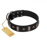 "Pirates' Symbol" Fashionable FDT Artisan Black Leather English Bulldog Collar with Silver-Like Plates and Gold-Like Skulls