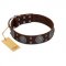 "Hypnotic Stones" FDT Artisan Brown Leather English Bulldog Collar with Chrome Plated Brooches and Square Studs
