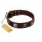 "Nut-Brown Finery" Embellished FDT Artisan Brown Leather English Bulldog Collar with Chrome Plated Crossbones and Plates