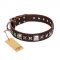 "Perfect Impression" FDT Artisan Brown Leather English Bulldog Collar with Silver-Like Studs - 1 1/2 inch (40 mm) Wide