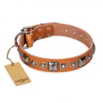 "Era of Future" FDT Artisan Handcrafted Tan Leather English Bulldog Collar with Decorations
