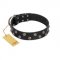 "Power-Flower" FDT Artisan Black Leather English Bulldog Collar with Two Rows of Silver-like Studs with Engraved Flowers