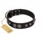 "Tricky Ricky" FDT Artisan Black Leather English Bulldog Collar Adorned with Silver-Like Conchos