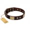 "Middle Age" FDT Artisan Brown Leather English Bulldog Collar with Old Bronze-Plated Engraved Flowers and Large Plates