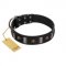 "Pirates' Symbol" Fashionable FDT Artisan Black Leather English Bulldog Collar with Silver-Like Plates and Gold-Like Skulls
