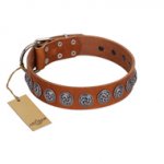 "Velvet Kiss" Handmade FDT Artisan Tan Leather English Bulldog Collar with Vintage Medallions