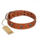 "Rebellious Nature" FDT Artisan Tan Leather English Bulldog Collar Embellished with Crossbones and Square Studs