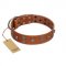 "Road Rider" FDT Artisan Tan Leather English Bulldog Collar with Old Silver-like Skulls and Medallions
