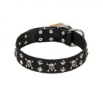 FDT Artisan 'Rock 'n' Roll Style' Fancy Leather English Bulldog Collar with Skulls, Bones and Studs 1 1/2 inch (40 mm) wide