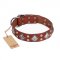 "Magic Squares" FDT Artisan Tan Leather English Bulldog Collar with Silver-like Decor
