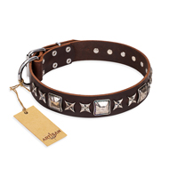 "Perfect Impression" FDT Artisan Brown Leather English Bulldog Collar with Silver-Like Studs - 1 1/2 inch (40 mm) Wide