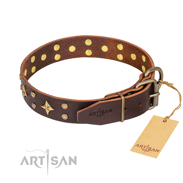 Handy use full grain genuine leather collar with decorations for your four-legged friend