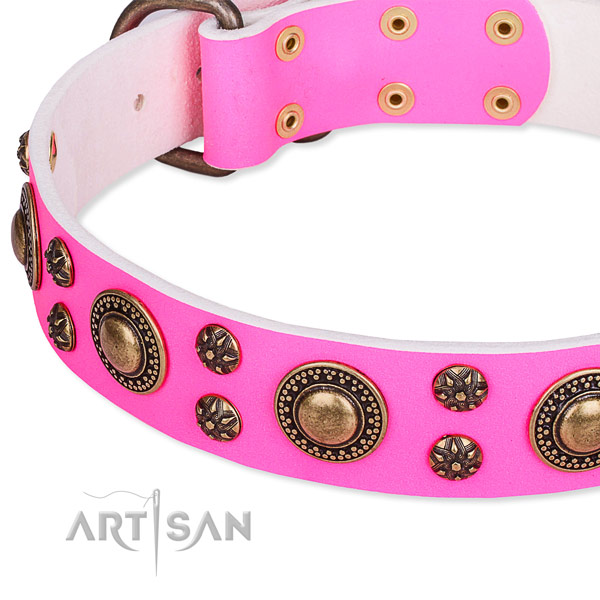 Natural genuine leather dog collar with unique decorations