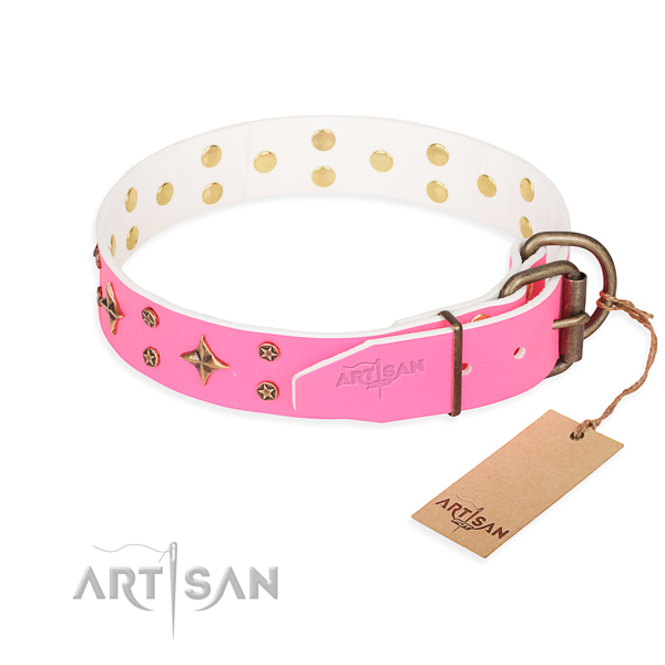 Stylish walking natural genuine leather collar with embellishments for your pet