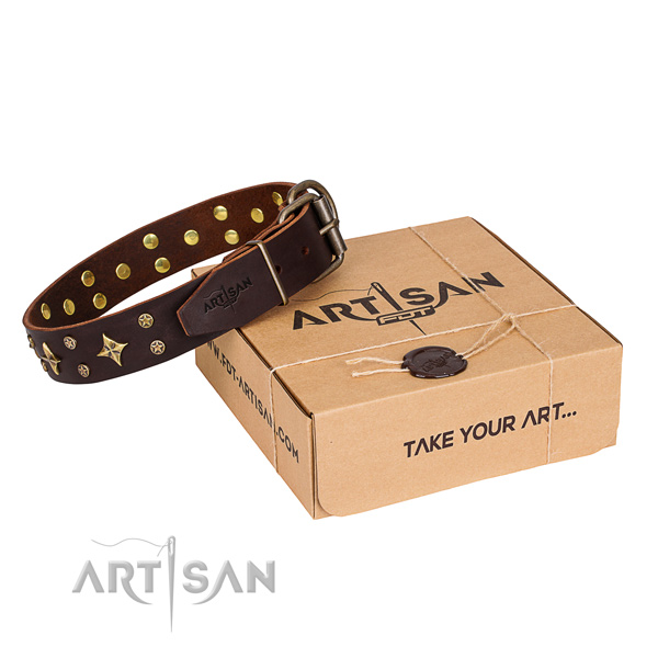 Adorned genuine leather dog collar for comfy wearing