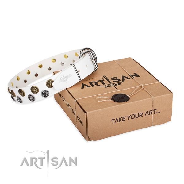 Genuine leather dog collar with adornments for handy use
