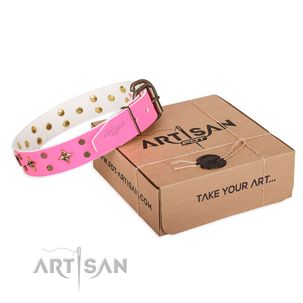 Studded natural genuine leather dog collar for everyday use