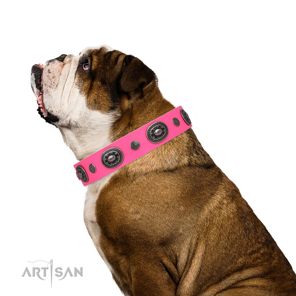 Genuine leather dog collar with corrosion proof buckle and D-ring for daily walking