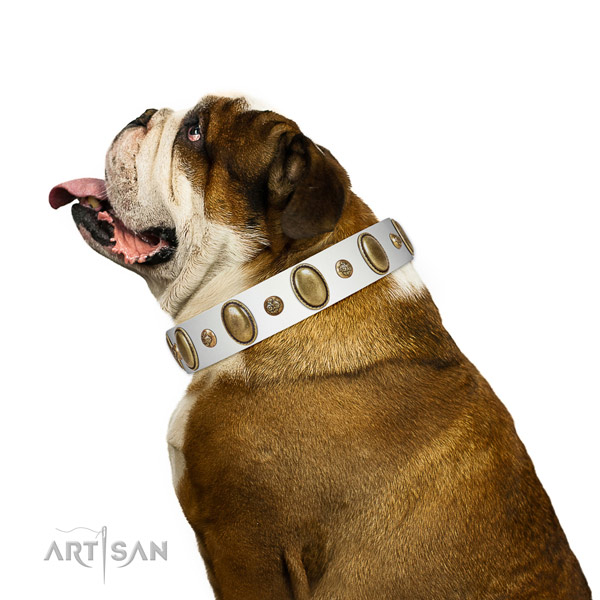Comfortable wearing gentle to touch full grain genuine leather dog collar with embellishments