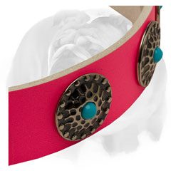 Pink pure leather English Bulldog collar with blue stones