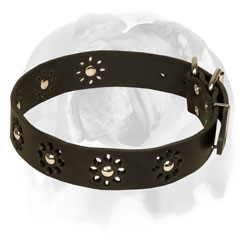 English Bulldog Leather Collar With Unique Flower Design