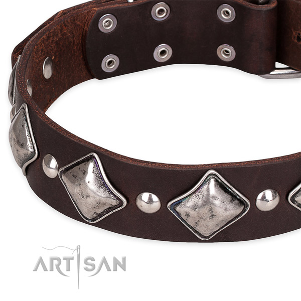 Adjustable leather dog collar with resistant non-rusting buckle and D-ring