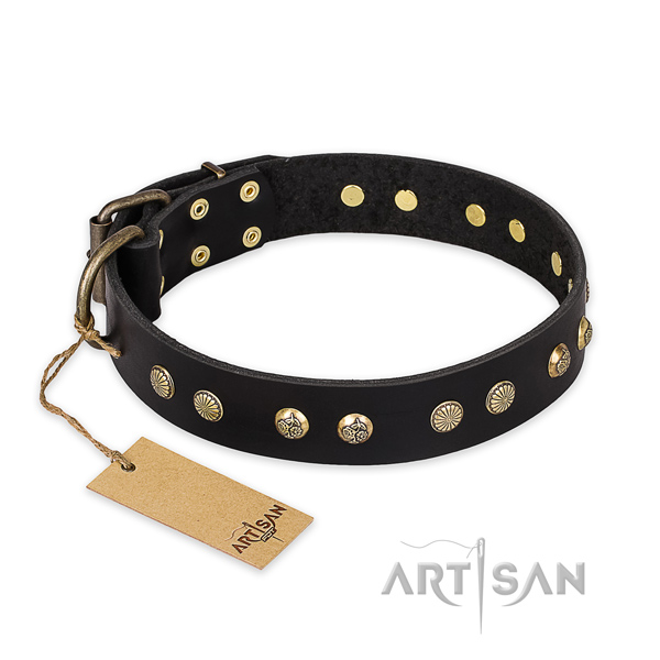Embellished full grain genuine leather dog collar with durable D-ring