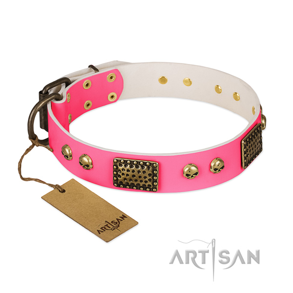 Easy adjustable natural leather dog collar for everyday walking your dog