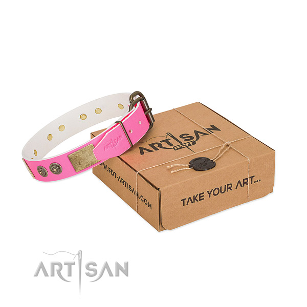Strong D-ring on full grain natural leather dog collar for walking