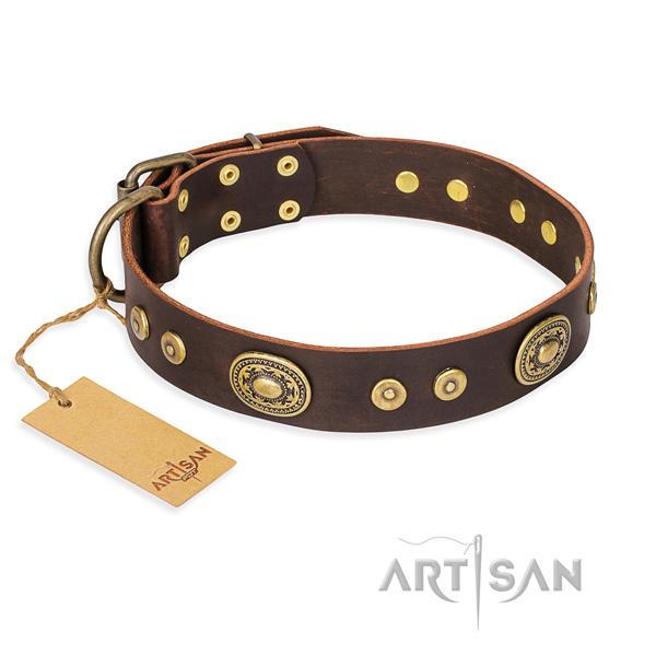 Full grain natural leather dog collar made of reliable material with corrosion proof buckle