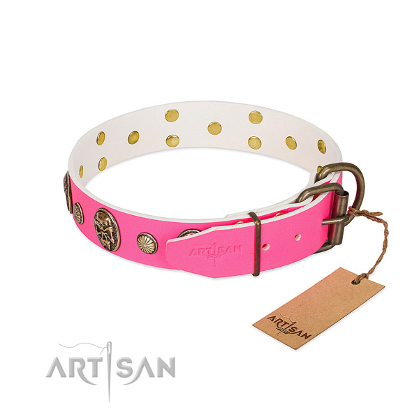 Strong decorations on full grain genuine leather dog collar for your doggie