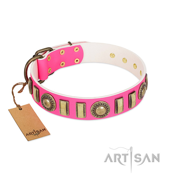 Easy adjustable leather dog collar with corrosion resistant D-ring