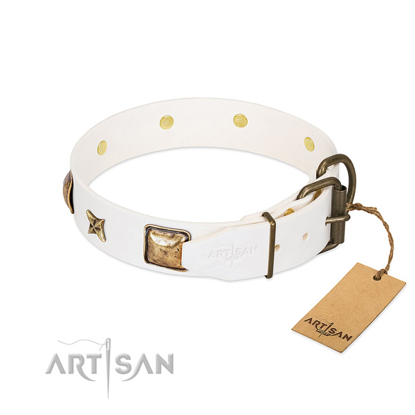 Full grain leather dog collar with corrosion proof traditional buckle and decorations