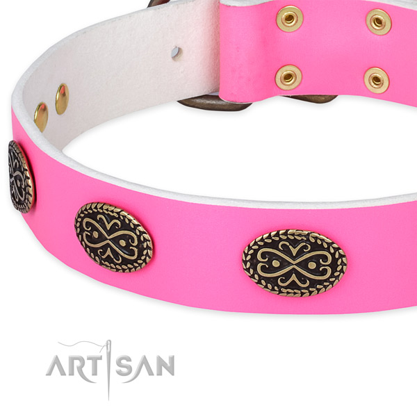 Full grain natural leather dog collar with embellishments for easy wearing