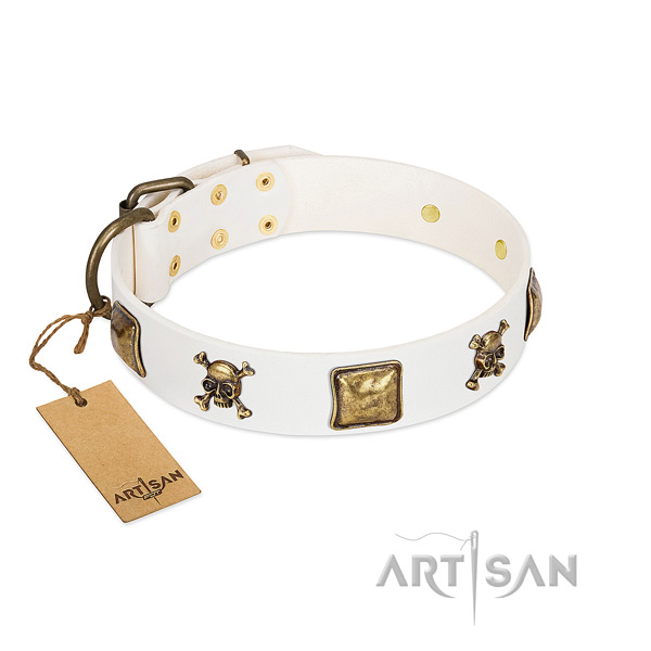 Fashionable leather dog collar with corrosion proof embellishments