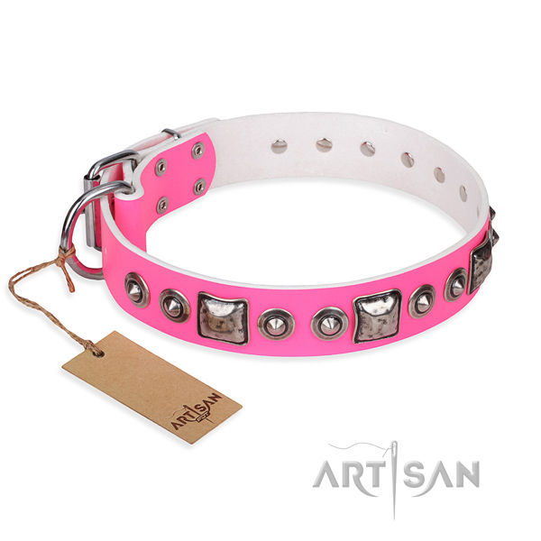 Full grain leather dog collar made of gentle to touch material with rust resistant fittings