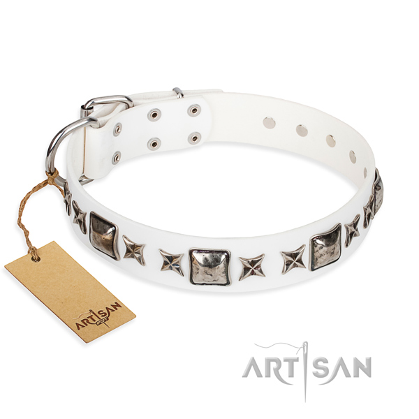 Natural genuine leather dog collar made of soft material with durable traditional buckle