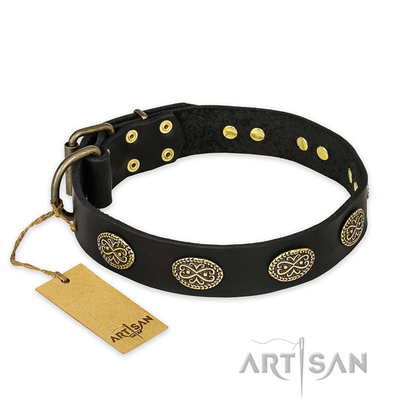 Decorated full grain genuine leather dog collar with reliable traditional buckle