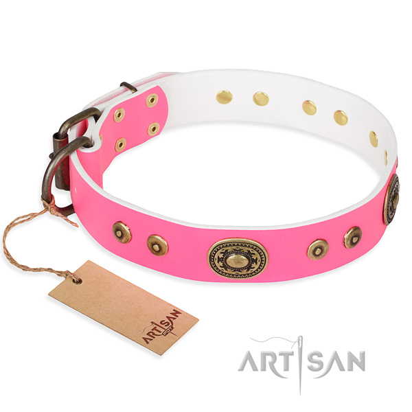 Genuine leather dog collar made of gentle to touch material with rust resistant traditional buckle