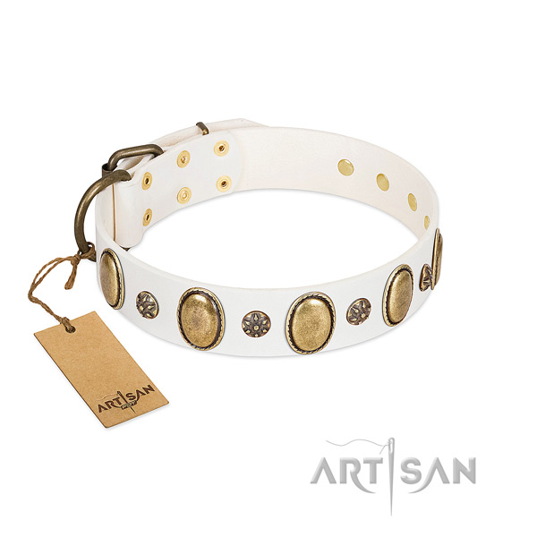 Easy wearing flexible genuine leather dog collar with embellishments