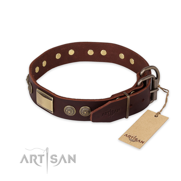 Strong D-ring on full grain leather collar for basic training your doggie