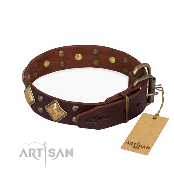 Natural leather dog collar with inimitable rust-proof decorations