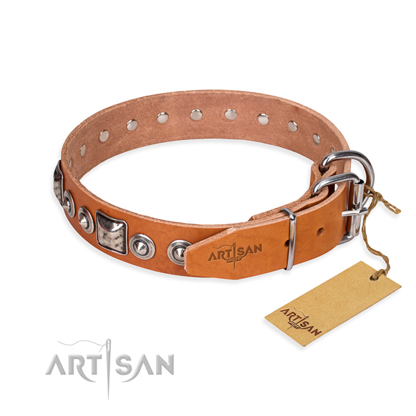 Full grain leather dog collar made of soft to touch material with durable studs