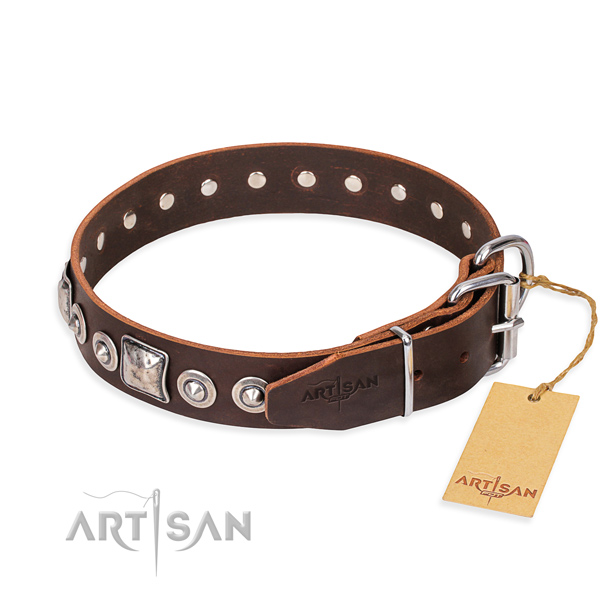 Full grain natural leather dog collar made of quality material with corrosion proof decorations