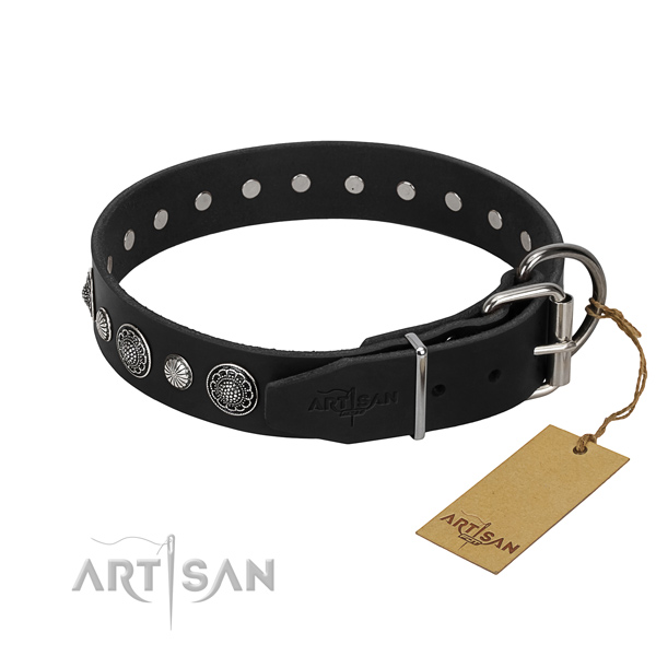 Reliable genuine leather dog collar with exquisite adornments