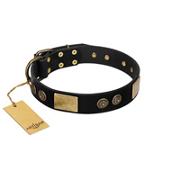 "Chicci-Glam" FDT Artisan Black Leather English Bulldog Collar with Plates and Ornate Studs