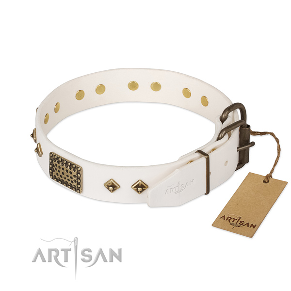 Genuine leather dog collar with corrosion proof buckle and adornments