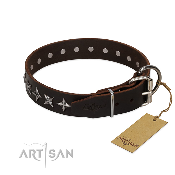 Comfy wearing decorated dog collar of top quality natural leather