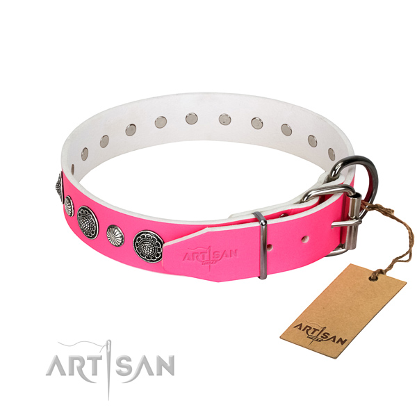 Strong natural leather dog collar with rust-proof traditional buckle