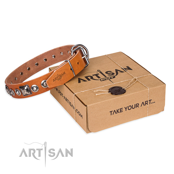 Natural genuine leather dog collar made of soft material with corrosion resistant D-ring